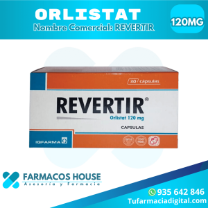 Envase de REVERTIR ORLISTAT X 30 CAPSULAS 120 MG, solución efectiva para perder peso.