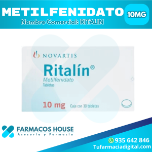 Envase de Ritalin junto a una imagen que refleje concentración y enfoque.